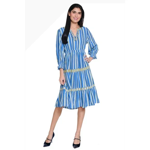 JOHN MARK Striped V Neck Tiered Midi Dress Blue Yellow Embellished Size L - Picture 1 of 13